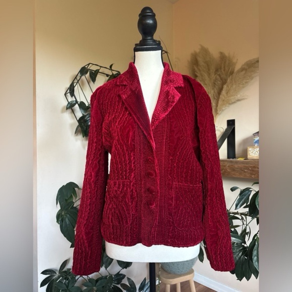 Vintage Red Crinkle Velvet Blazer Jacket